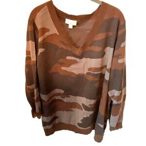Belle by Kim Gravel 2X Brown Camouflage Oversized Intarsia V-Neck Sweater A52028